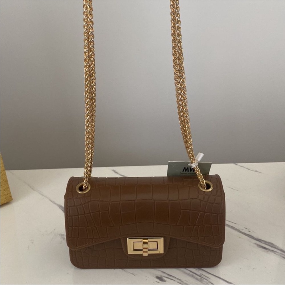 Brown Croc-Embossed Chain Shoulder Bag - Picture 3 of 4
